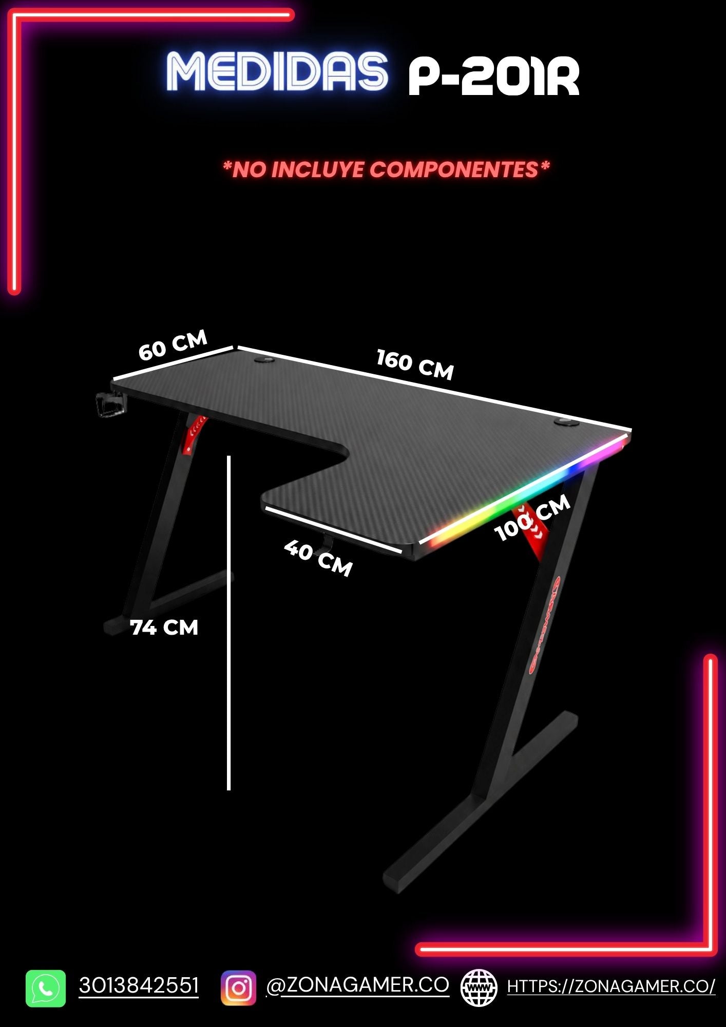 Escritorio Gamer P-201-R Black con luces RGB, portavasos y ganchos para auriculares.