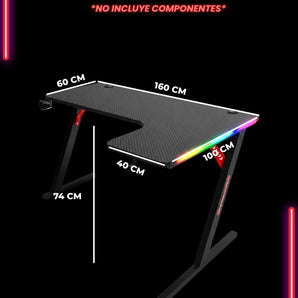 Escritorio Gamer P-201-R Black con luces RGB, portavasos y ganchos para auriculares.