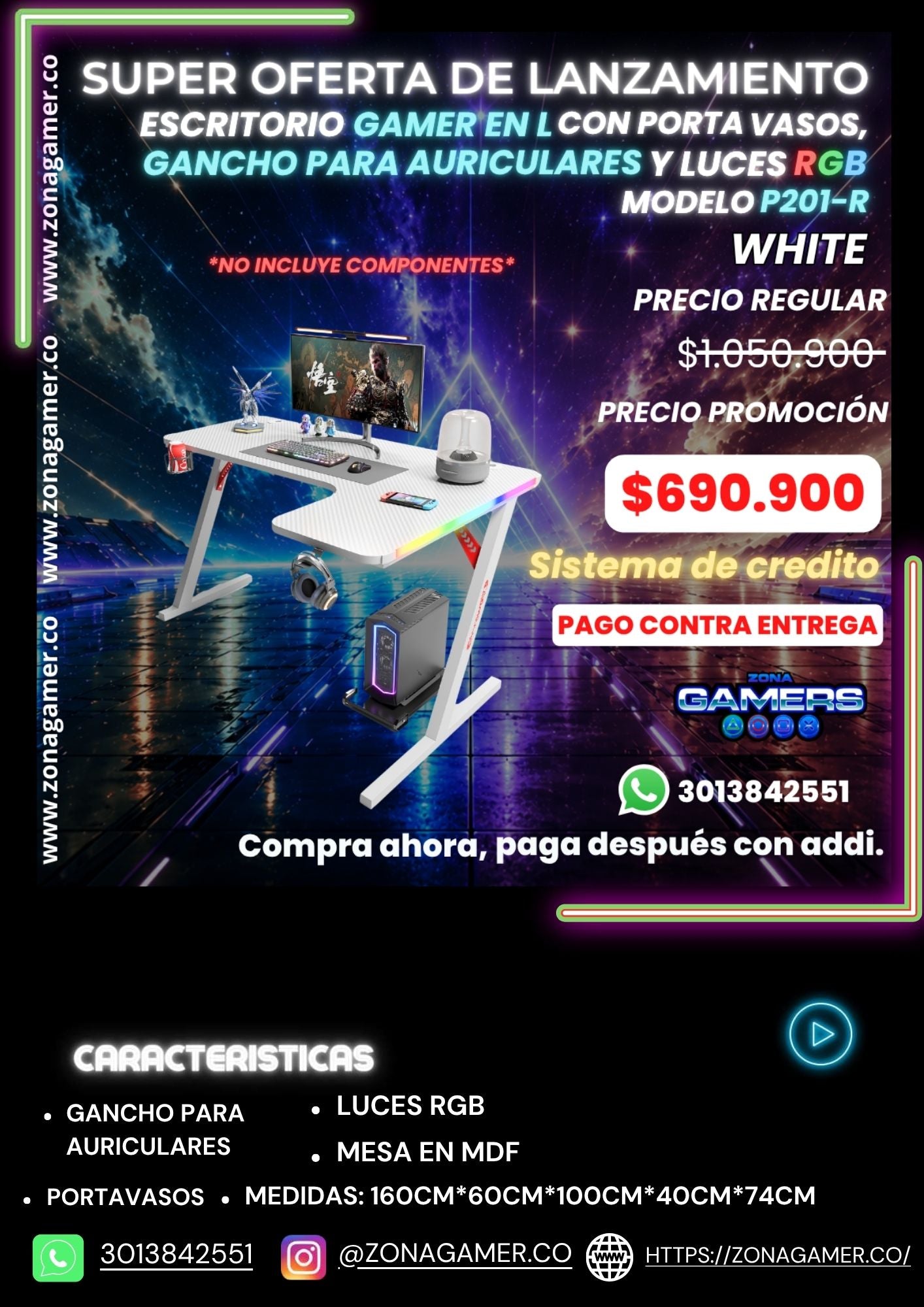 Escritorio Gamer P-201-R White con luces RGB, portavasos y ganchos para auriculares