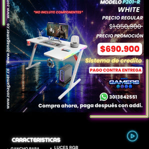 Escritorio Gamer P-201-R White con luces RGB, portavasos y ganchos para auriculares