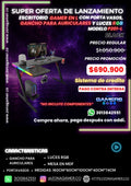 Escritorio Gamer P-201-L Black con luces RGB, portavasos y ganchos para auriculares