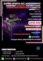 Escritorio Gamer P-201-L Black con luces RGB, portavasos y ganchos para auriculares