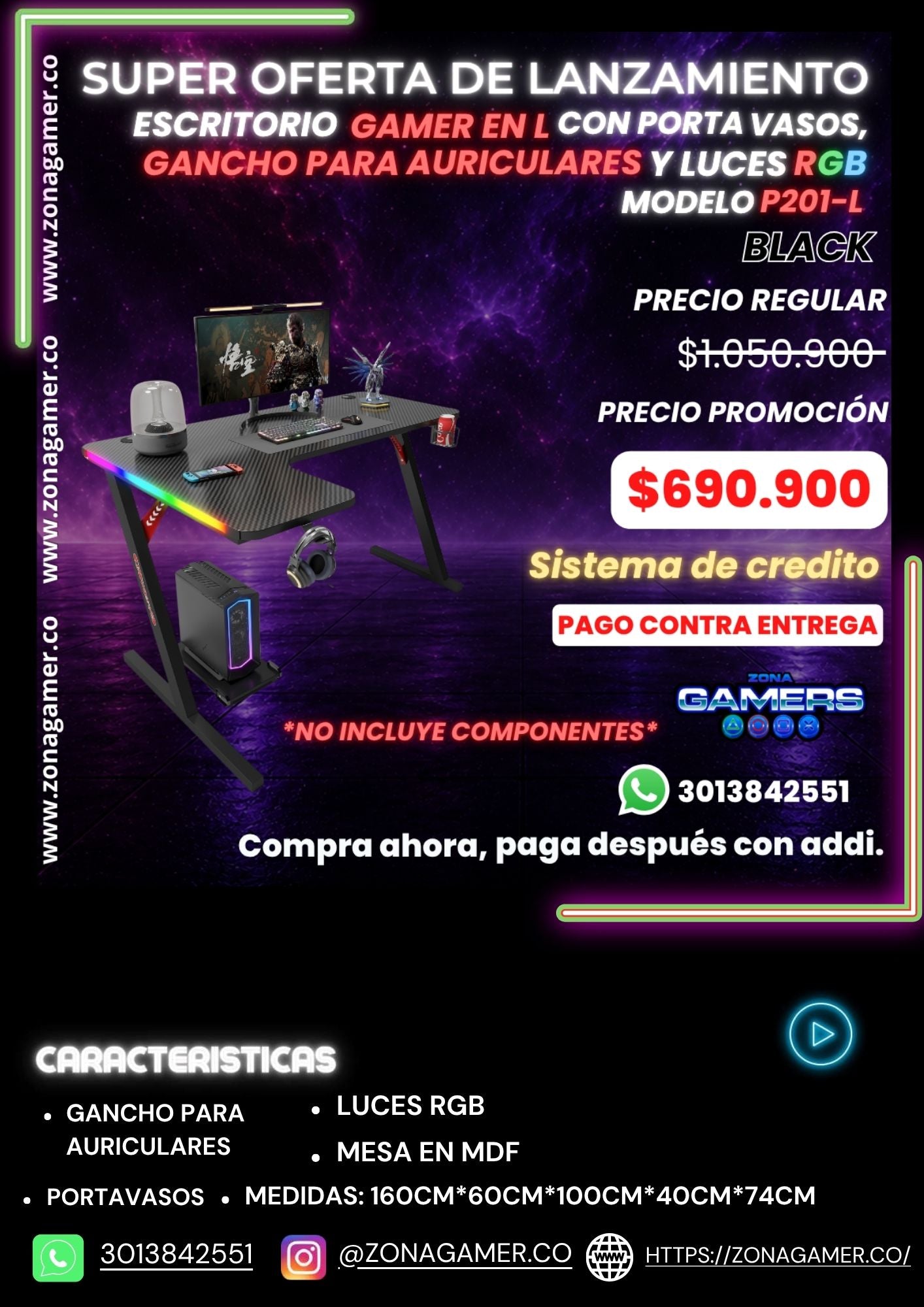 Escritorio Gamer P-201-L Black con luces RGB, portavasos y ganchos para auriculares