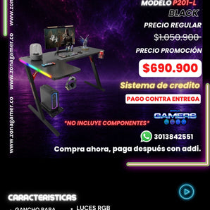 Escritorio Gamer P-201-L Black con luces RGB, portavasos y ganchos para auriculares