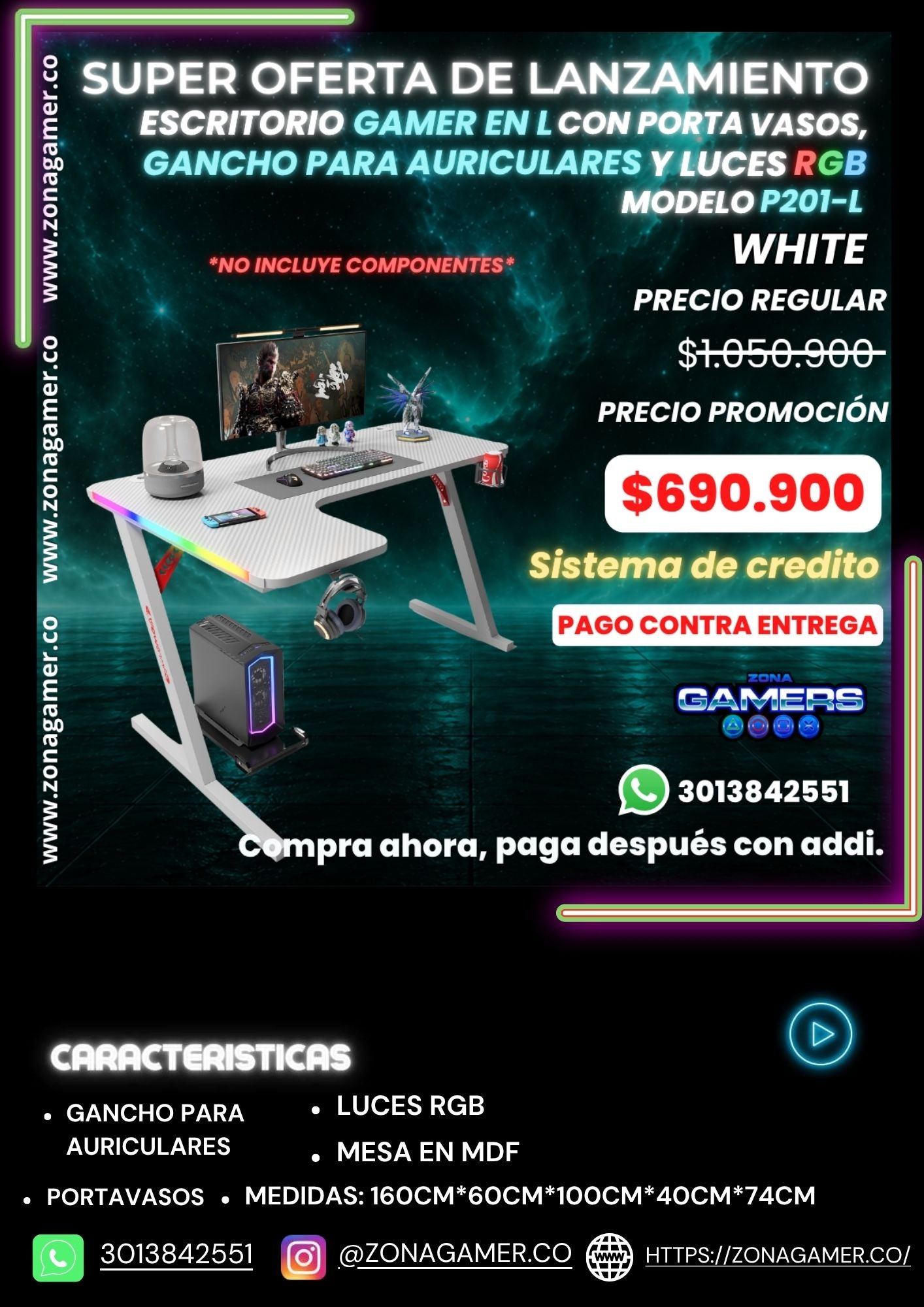 Escritorio Gamer P-201-L White con luces RGB, portavasos y ganchos para auriculares