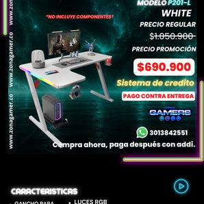 Escritorio Gamer P-201-L White con luces RGB, portavasos y ganchos para auriculares