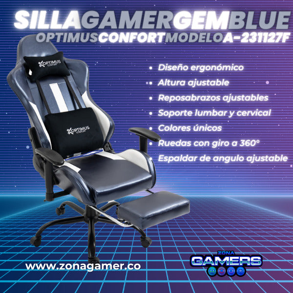 Silla Gamer A-231127F Gem Blue con Reposapies