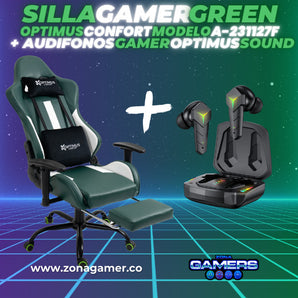 Combo Silla Gamer A-231127F Green + Audifonos Gamer Optimus Sound