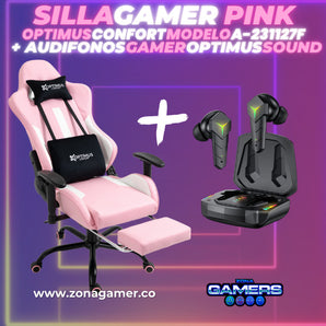 Combo Silla Gamer A-231127F Pink + Audifonos Gamer Optimus Sound