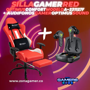 Combo Silla Gamer A-231127F Red + Audifonos Gamer Optimus Sound