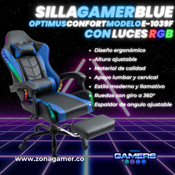 Silla Gamer E-1039F Blue con Luces RGB y Reposapies