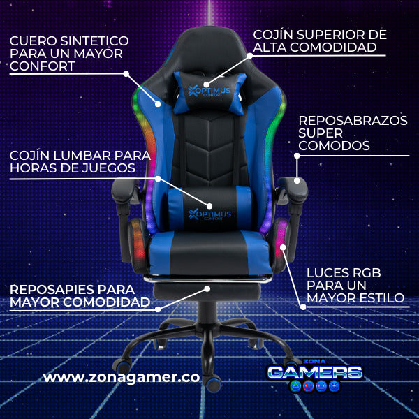 Silla Gamer E-1039F Blue con Luces RGB y Reposapies