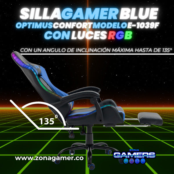 Silla Gamer E-1039F Blue con Luces RGB y Reposapies