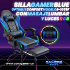 Silla Gamer E-1039F Blue con Luces RGB y Masaje Lumbar