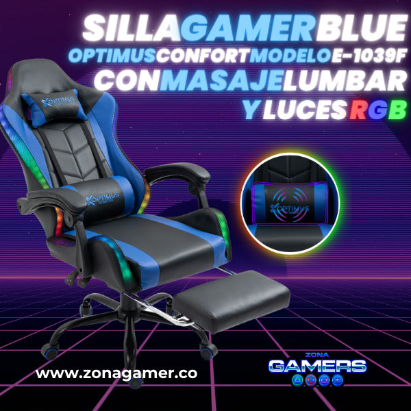 Silla Gamer E-1039F Blue con Luces RGB y Masaje Lumbar