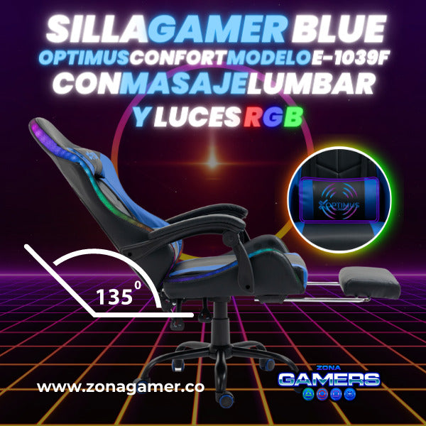 Silla Gamer E-1039F Blue con Luces RGB y Masaje Lumbar