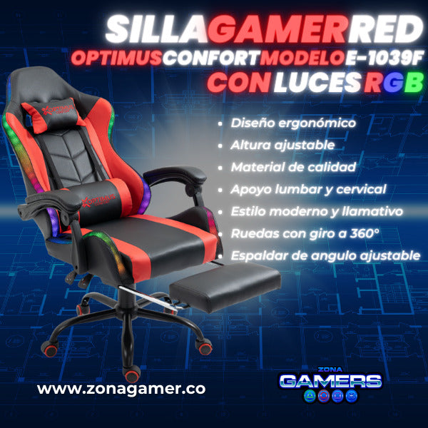 Silla Gamer E-1039F Red con Luces RGB y Reposapies