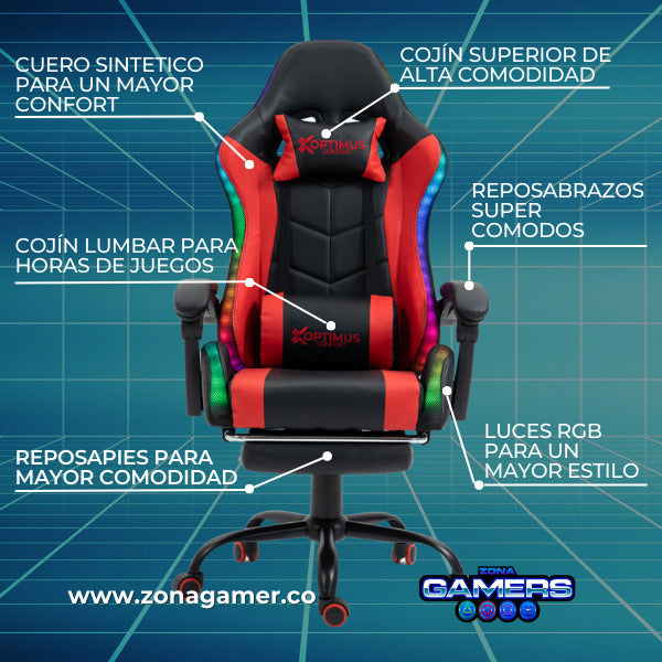 Silla Gamer E-1039F Red con Luces RGB y Reposapies