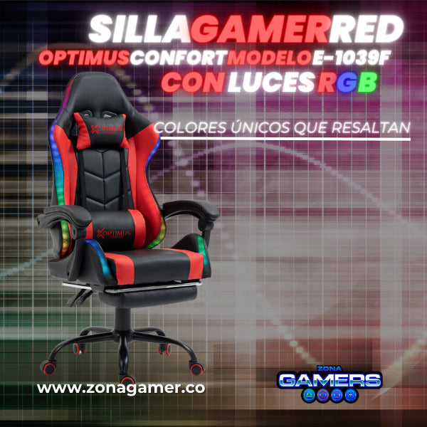Silla Gamer E-1039F Red con Luces RGB y Reposapies