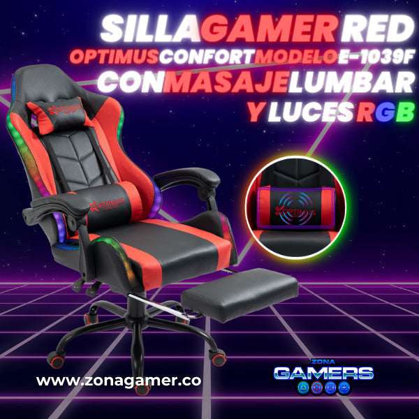 Silla Gamer E-1039F Red con Luces RGB y Masaje Lumbar