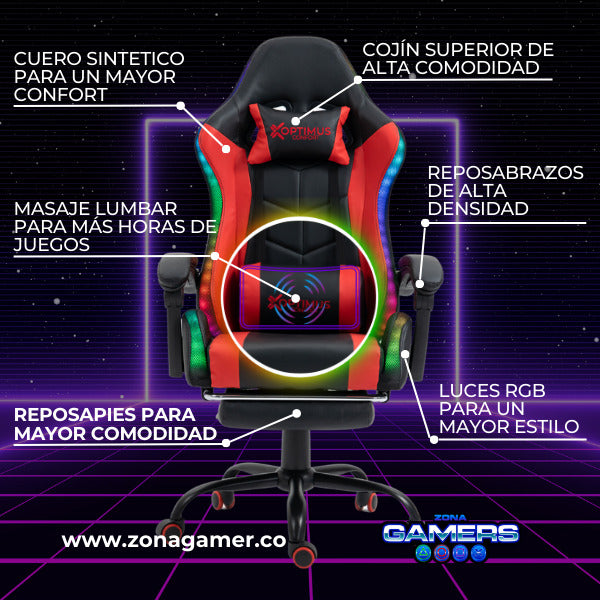 Silla Gamer E-1039F Red con Luces RGB y Masaje Lumbar