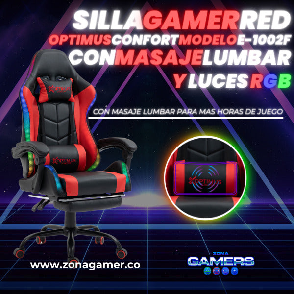 Silla Gamer E-1039F Red con Luces RGB y Masaje Lumbar
