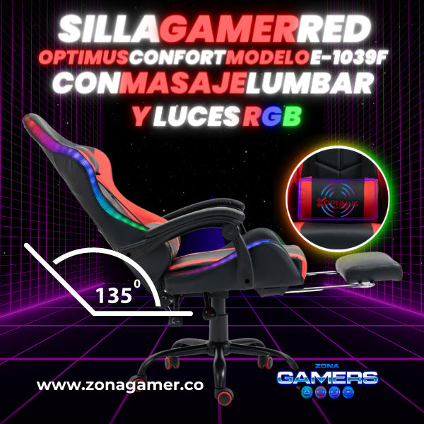 Silla Gamer E-1039F Red con Luces RGB y Masaje Lumbar