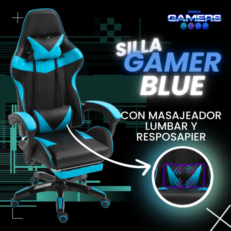Silla Gamer AQ-1039F Blue con Masajeador Lumbar y Reposapies incluido