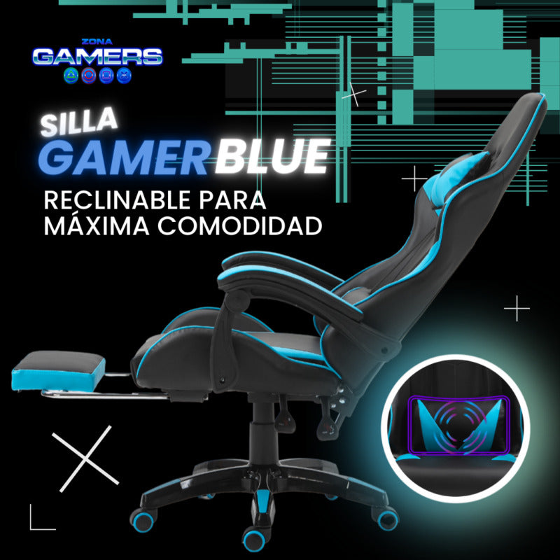 Silla Gamer AQ-1039F Blue con Masajeador Lumbar y Reposapies incluido