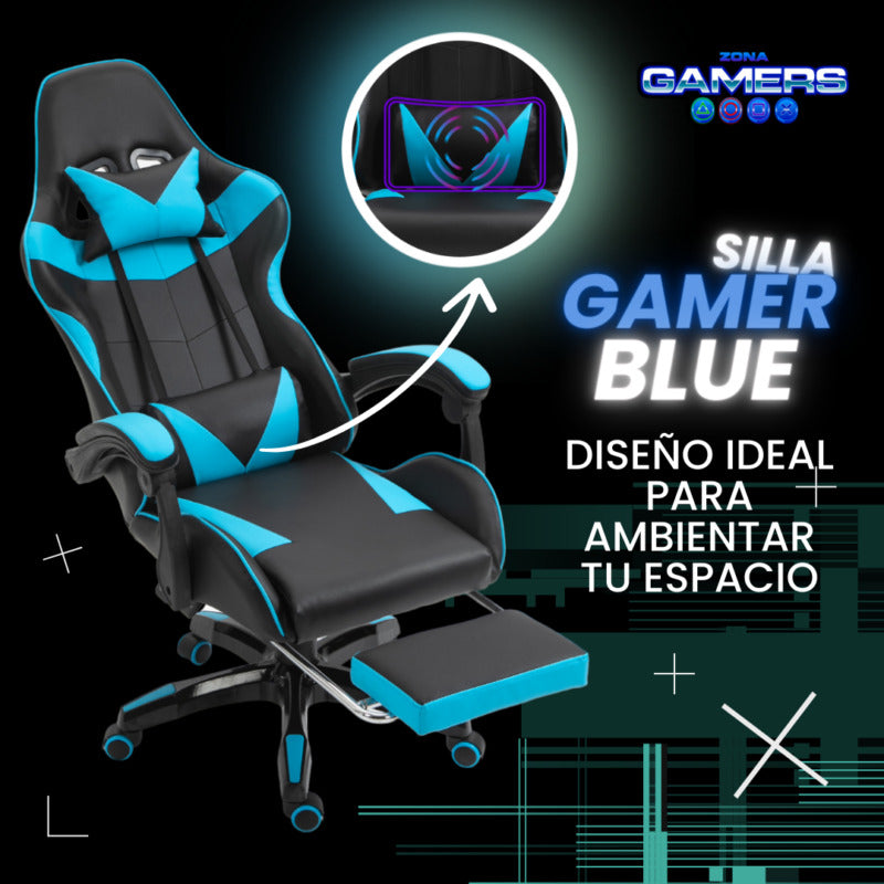 Silla Gamer AQ-1039F Blue con Masajeador Lumbar y Reposapies incluido
