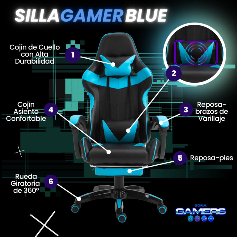 Silla Gamer AQ-1039F Blue con Masajeador Lumbar y Reposapies incluido