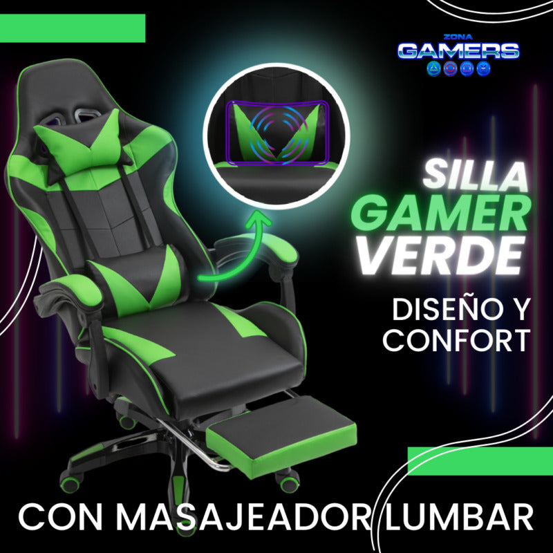 Silla Gamer AQ-1039F Green con Masajeador Lumbar y Reposapies incluido
