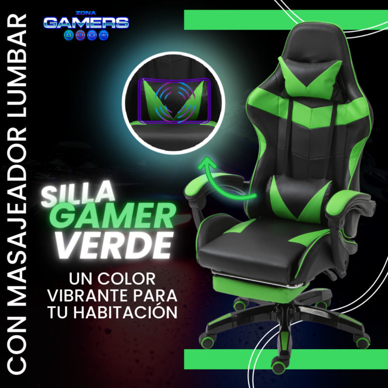 Silla Gamer AQ-1039F Green con Masajeador Lumbar y Reposapies incluido