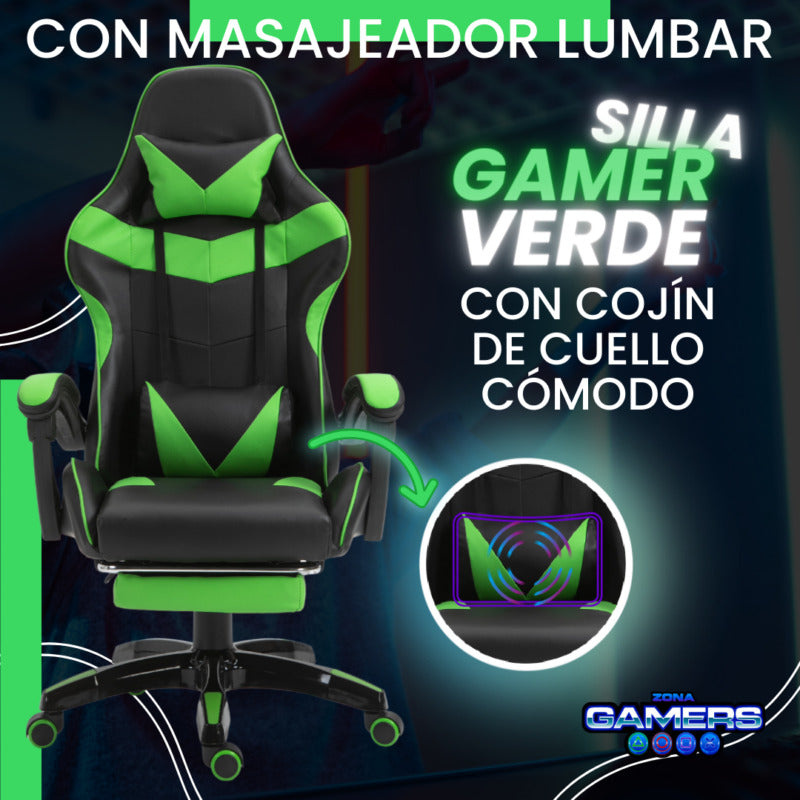 Silla Gamer AQ-1039F Green con Masajeador Lumbar y Reposapies incluido