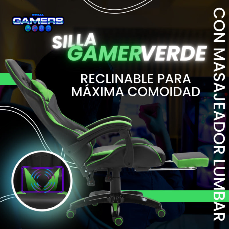 Silla Gamer AQ-1039F Green con Masajeador Lumbar y Reposapies incluido
