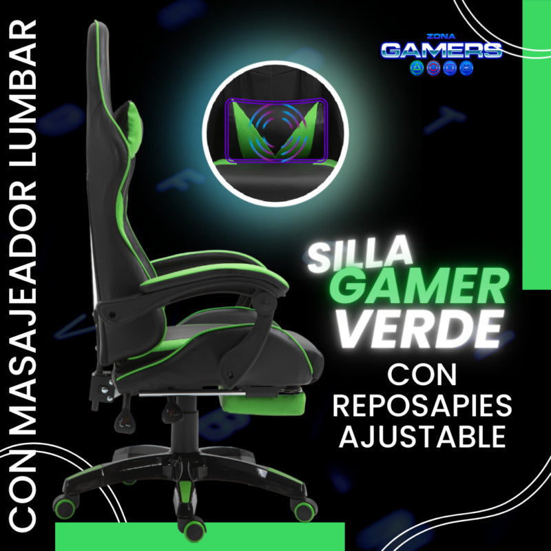Silla Gamer AQ-1039F Green con Masajeador Lumbar y Reposapies incluido