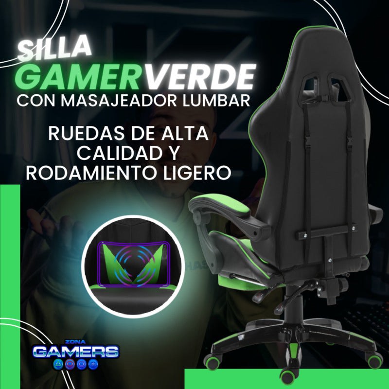 Silla Gamer AQ-1039F Green con Masajeador Lumbar y Reposapies incluido