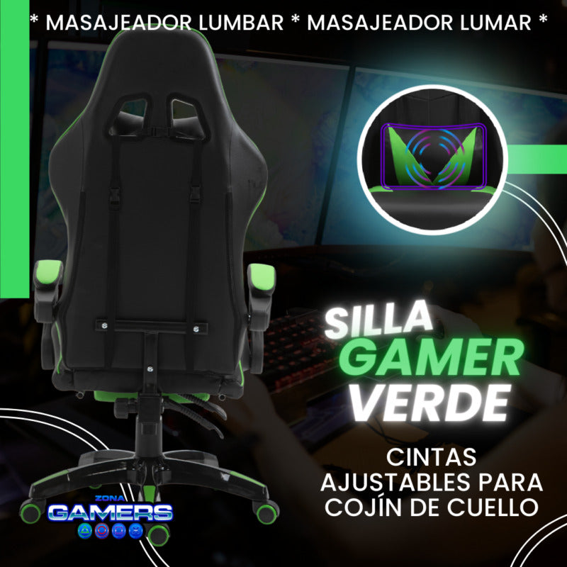 Silla Gamer AQ-1039F Green con Masajeador Lumbar y Reposapies incluido