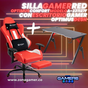 Combo Silla Gamer A-231127F Red + Escritorio Gamer Optimus Desk