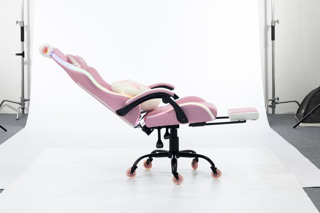 Silla Gamer Cat-1039F + RGB Pink-White con reposapiés y ruedas en silicona. · named · cat-1039f-pink-white-04.jpg