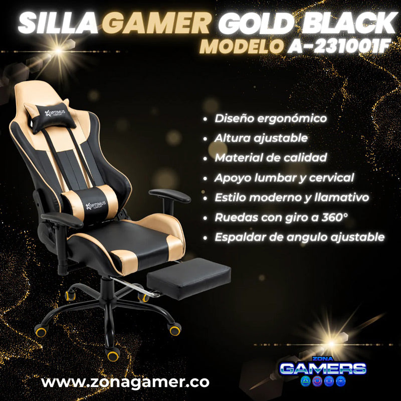Silla Gamer A231001F Gold Black con reposapies