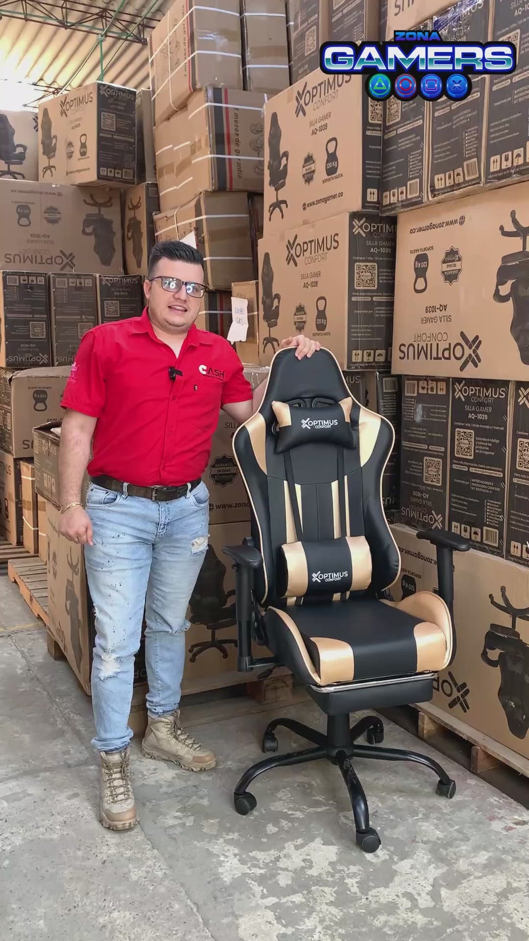 Silla Gamer A231001F Black Gold con masajeador lumbar y reposapies incluido