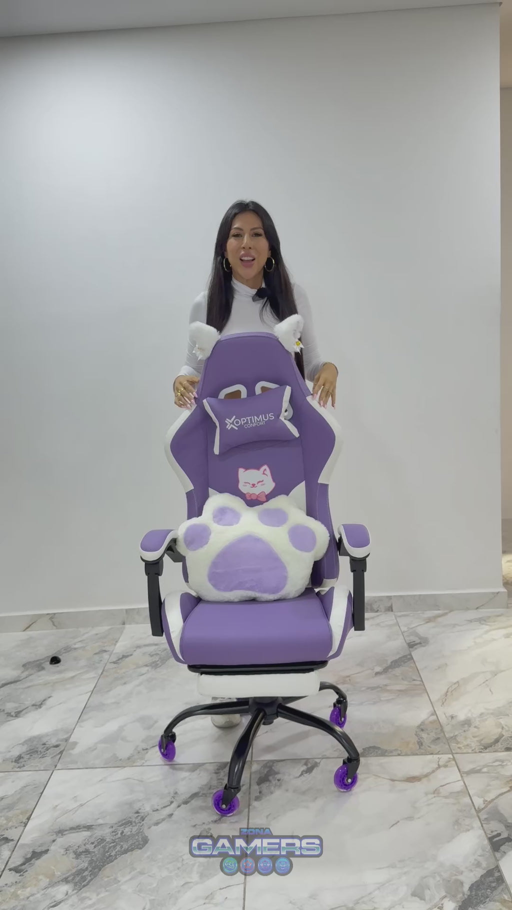 Silla Gamer Cat-1039F White-Lilac con reposapiés y ruedas en silicona.