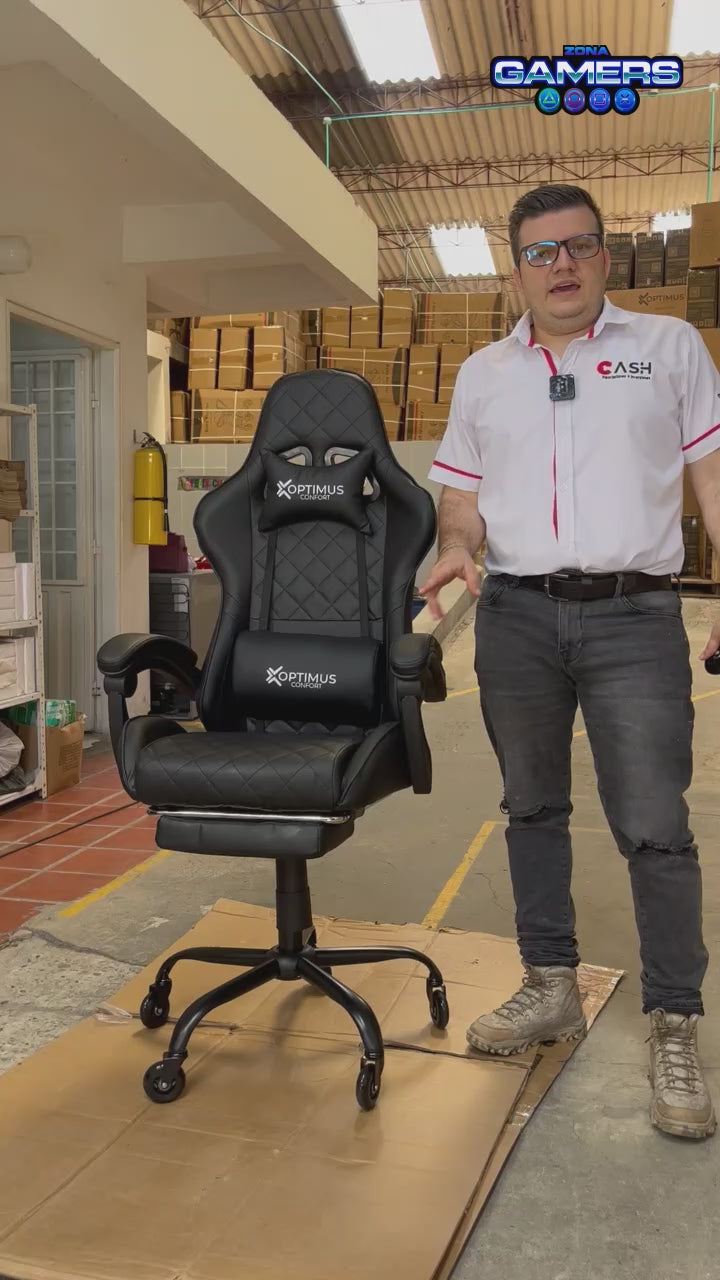Silla Gamer ARMOR-1039F Black + masajeador lumbar con reposapiés y ruedas en silicona
