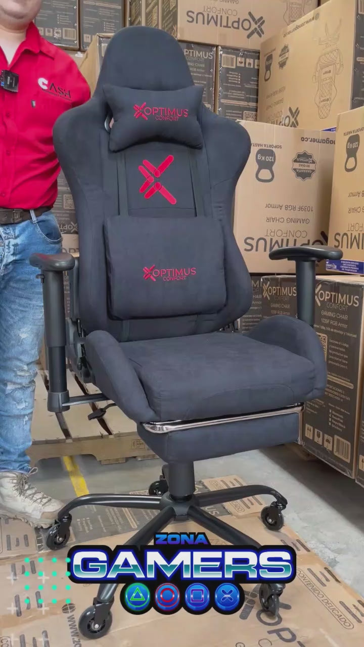 Silla Gamer Red + masajeador lumbar, tapizada en tela con reposapiés y ruedas en silicona