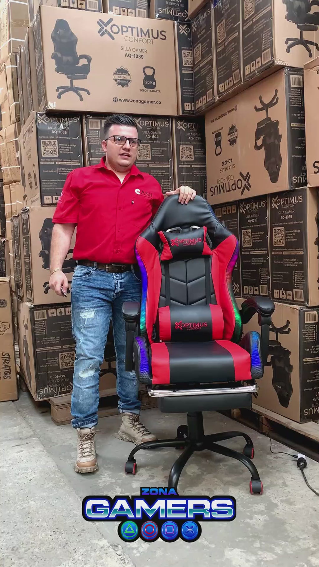Silla Gamer E-1039F Red con Luces RGB y Masaje Lumbar