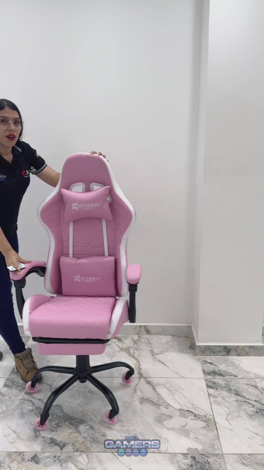 Silla gamer ARMOR-1039F Pink con luces RGB + reposapiés y ruedas en silicona