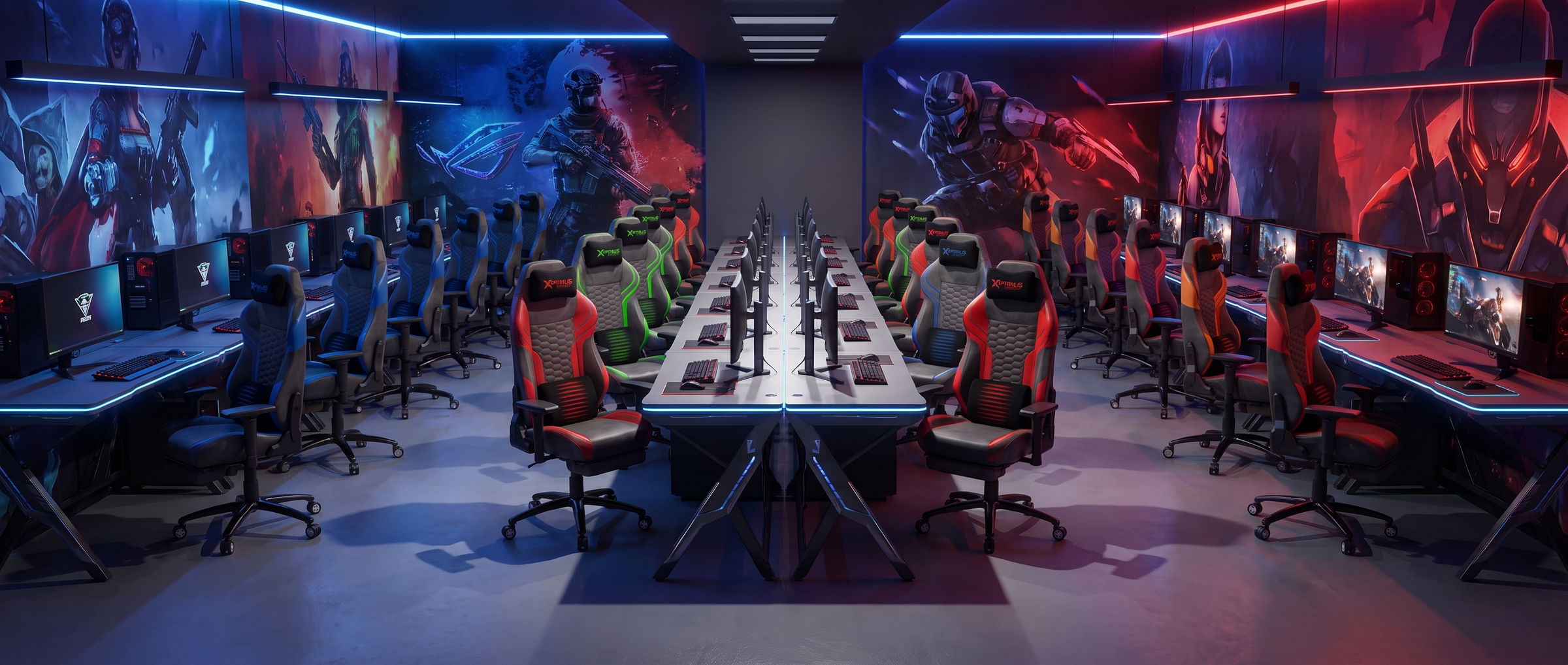 Sala gamer con escritorios y sillas Optimus Confort